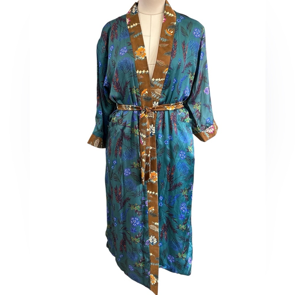 Art Ouarzazate moroccan reversible, silk floral robe blue brown small